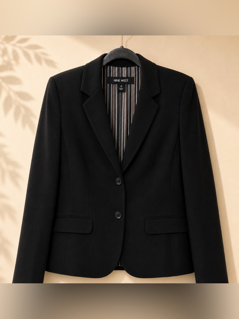Nine West Black Women's Two-Button Notch Lapel Blazer with Striped Lining